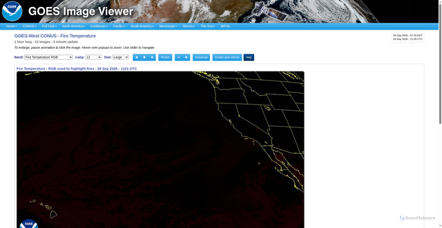 Security scan screenshot of https://www.star.nesdis.noaa.gov/goes/conus_band.php?sat=G18&band=FireTemperature&length=12
