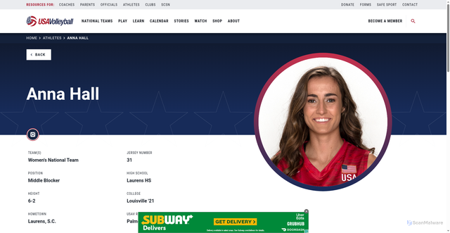 Security scan screenshot of https://usavolleyball.org/athlete/anna-hall/