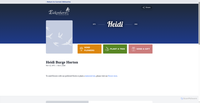 Security scan screenshot of https://www.eickenhorstfuneral.com/obituaries/heidi-horton