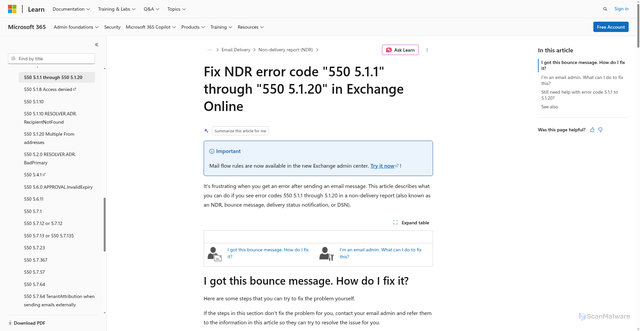 Security scan screenshot of https://learn.microsoft.com/en-us/troubleshoot/exchange/email-delivery/ndr/fix-error-code-550-5-1-1-through-5-1-20-in-exchange-online