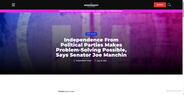 Security scan screenshot of https://www.independentcenter.org/press-releases/independence-from-political-parties-makes-problem-solving-possible-says-senator-joe-manchin