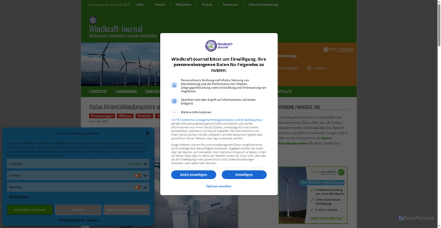Security scan screenshot of https://www.windkraft-journal.de/2025/11/13/vestas-aktienrueckkaufprogramm-vom-6-bis-12-november-2025/218480