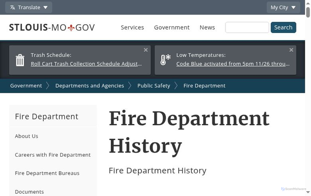 Security scan screenshot of https://www.stlouis-mo.gov/government/departments/public-safety/fire/fire-department-history.cfm
