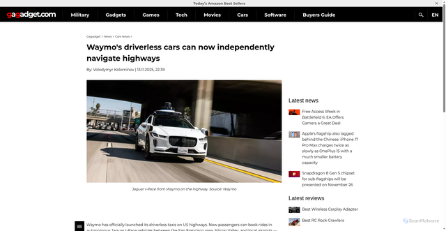 Security scan screenshot of https://gagadget.com/en/683515-waymos-driverless-cars-can-now-independently-navigate-highways/