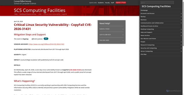 Security scan screenshot of https://computing.cs.cmu.edu/dashboard/2026/linux-vulnerability-4-30-2026