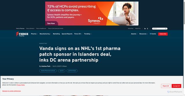 Security scan screenshot of https://www.fiercepharma.com/marketing/vanda-signs-nhls-1st-pharma-patch-sponsor-islanders-deal-inks-dc-arena-partnership