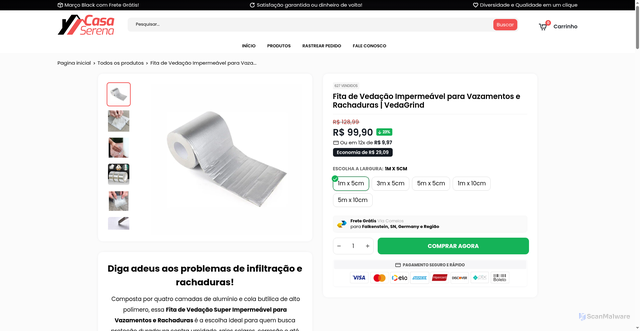 Security scan screenshot of https://serenacasa.store/products/fita-de-vedacao-super-impermeavel-para-vazamentos-e-rachaduras