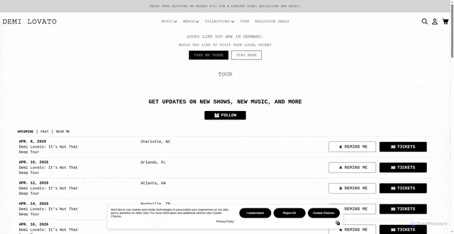 Security scan screenshot of https://shop.demilovato.com/pages/tour?srsltid=AfmBOoo-rn1GIz8g9OaWMAjuSVZp584bebsjsYNhCQjX8wvA65f4dPu7