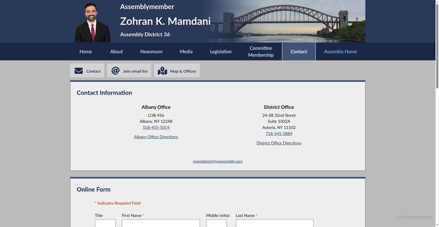 Security scan screenshot of https://assembly.state.ny.us/mem/Zohran-K-Mamdani/contact/