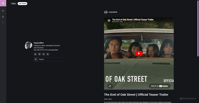 Security scan screenshot of https://espanolbot2.tumblr.com/post/812169688278843392/the-end-of-oak-street-official-teaser-trailer