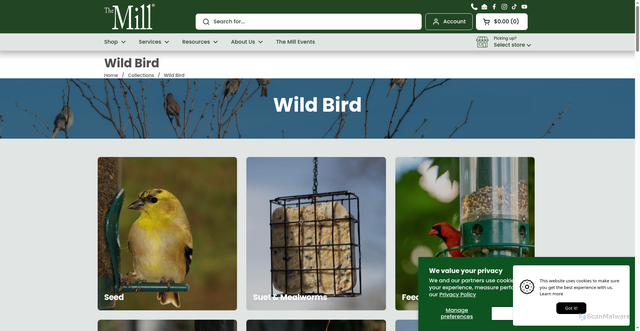 Security scan screenshot of https://www.themillstores.com/collections/wild-bird?srsltid=AfmBOoq2fsO1szE170txSYPb3bUHLSL8vj5MsOME64H270Tuo1zy3JGj