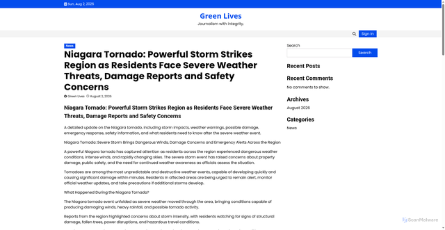 Security scan screenshot of https://greenlives.site/niagara-tornado-powerful-storm-strikes-region-as-residents-face-severe-weather-threats-damage-reports-and-safety-concerns/