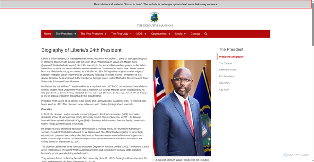Security scan screenshot of https://www.weah.emansion.gov.lr/general/biography-liberias-24th-president