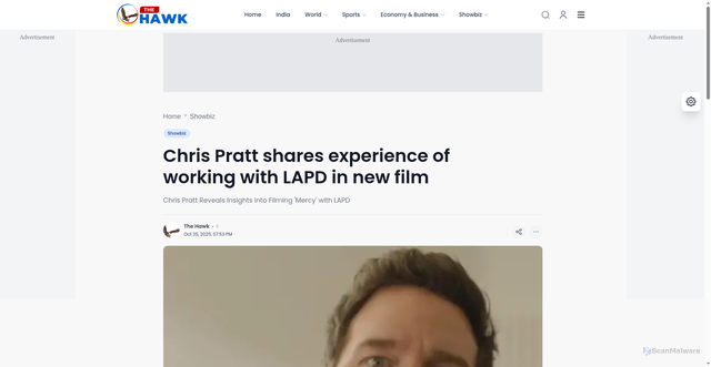 Security scan screenshot of https://www.thehawk.in/news/showbiz/chris-pratt-shares-experience-of-working-with-lapd-in-new-film