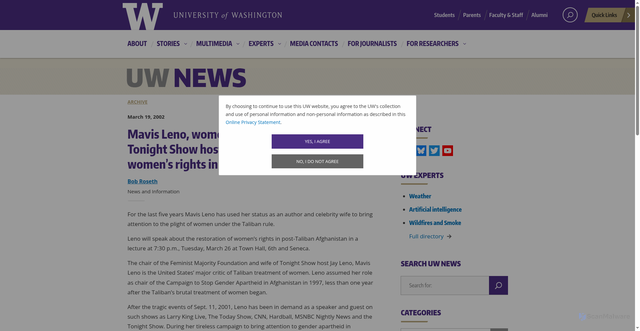 Security scan screenshot of https://www.washington.edu/news/2002/03/19/mavis-leno-womens-rights-activist-and-wife-of-tonight-show-host-talks-march-26-about-womens-rights-in-post-taliban-afghanistan/