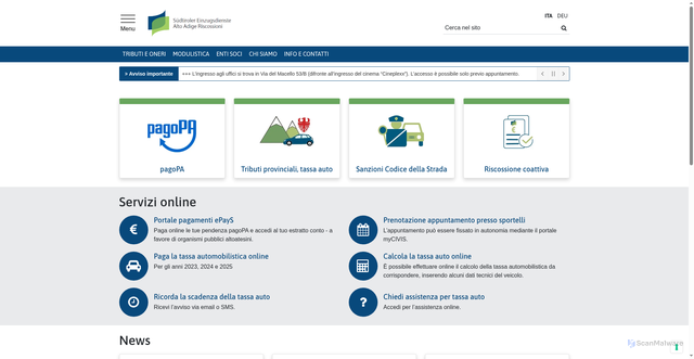 Security scan screenshot of https://www.altoadigeriscossioni.it/