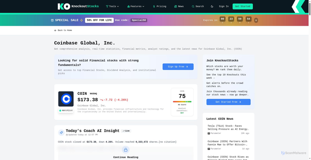 Security scan screenshot of https://knockoutstocks.com/stock/COIN
