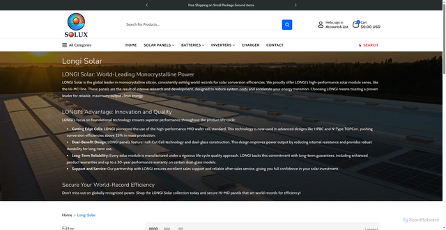 Security scan screenshot of https://solux.energy/collections/longi?srsltid=AfmBOoqIUsYpzZtuJccar3CMAncL8sGmp_CLz1Fo5W2ntwPoldR9YUGM