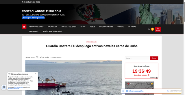 Security scan screenshot of https://controlandoelejido.com/guardia-costera-eu-despliega-activos-navales-cerca-de-cuba/