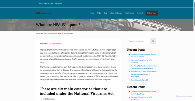 Security scan screenshot of https://nfalawyers.com/what-are-nfa-weapons/
