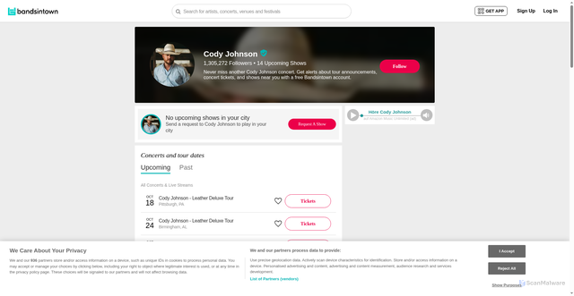Security scan screenshot of https://www.bandsintown.com/a/1145685-cody-johnson