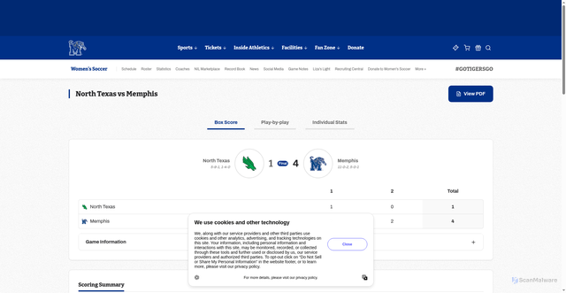 Security scan screenshot of https://gotigersgo.com/sports/womens-soccer/stats/2025/north-texas/boxscore/19647