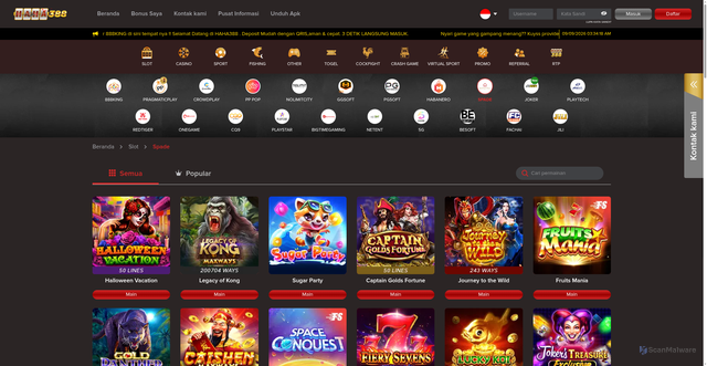 Security scan screenshot of https://haha388lucky.com/games/slot/spade