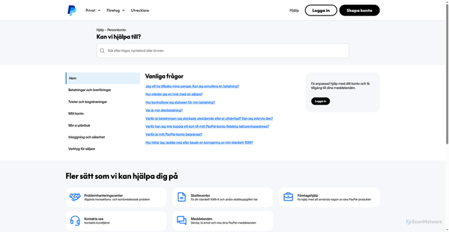 Security scan screenshot of https://www.paypal.com/se/cshelp/personal