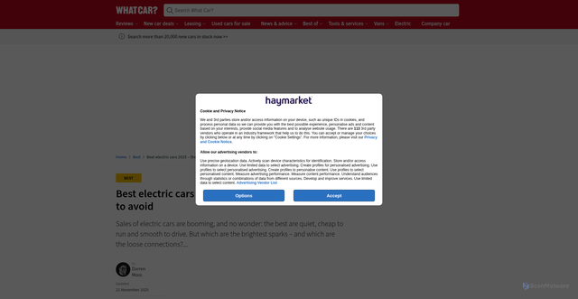 Security scan screenshot of https://www.whatcar.com/best/electric-cars/n17000