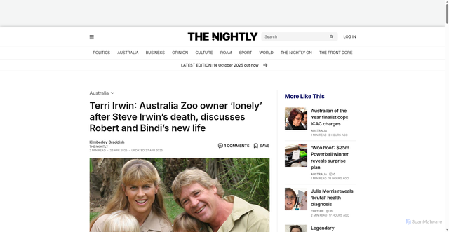 Security scan screenshot of https://thenightly.com.au/australia/terri-irwin-australia-zoo-owner-lonely-after-steve-irwins-death-discusses-robert-and-bindis-new-life-c-18499311