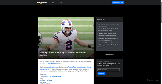 Security scan screenshot of https://www.thescore.com/nflfan/news/2734373/fantasy-week-6-rankings-kickers-updated