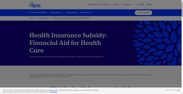 Security scan screenshot of https://www.cigna.com/knowledge-center/health-insurance-subsidy