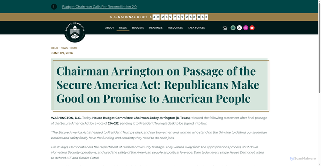 Security scan screenshot of https://budget.house.gov/press-release/chairman-arrington-on-passage-of-the-secure-america-act-republicans-make-good-on-promise-to-american-people