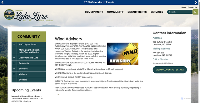 Security scan screenshot of https://www.townoflakelure.com/community/page/wind-advisory