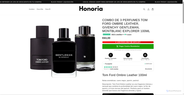 Security scan screenshot of https://tiendahonoria.com/products/pack-3-parfums-tom-ford-ombre-leathe-givenchy-gentleman-montblanc-explorer-eau-de-parfum