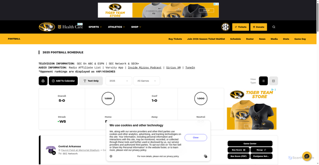 Security scan screenshot of https://mutigers.com/sports/football/schedule