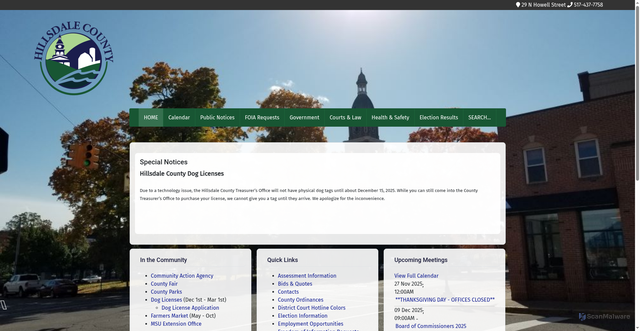 Security scan screenshot of https://hillsdalecounty.gov/