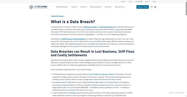 Security scan screenshot of https://www.cyberark.com/what-is/data-breach/