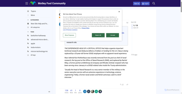 Security scan screenshot of https://discussion.fool.com/t/ot-shake-up-at-office-of-naval-research/121885