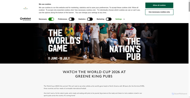 Security scan screenshot of https://www.greeneking.co.uk/live-sport/football/world-cup?td_id=22f8501baf30b3bf9d0a3470fb6c334286c43d0f92e3eb2d8a902009f6742c23&utm_source=braze&utm_medium=email&utm_campaign=ht_2623_bau-email_core_wcfreedrink-stickerstacker-menu-motm-email_slb&utm_keyword=email&utm_content=image_bigmatches-gkworldcupstickerstacker