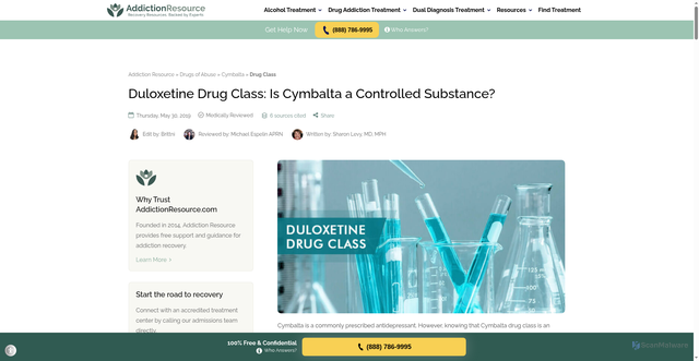 Security scan screenshot of https://addictionresource.com/drugs/cymbalta/drug-class/