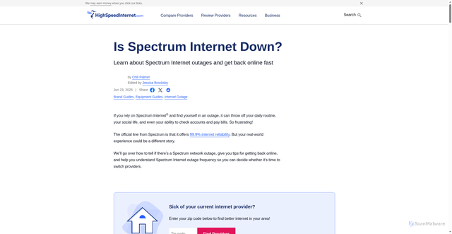 Security scan screenshot of https://www.highspeedinternet.com/resources/spectrum-internet-outage
