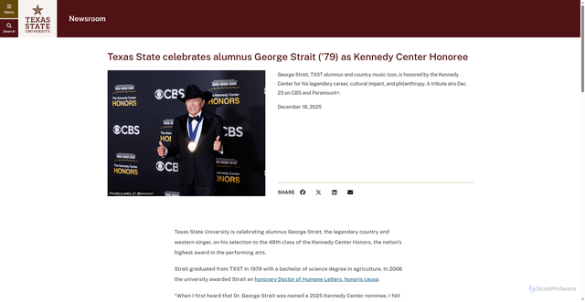 Security scan screenshot of https://news.txst.edu/accolades-and-achievements/2025/george-strait-kennedy-center-honoree.html