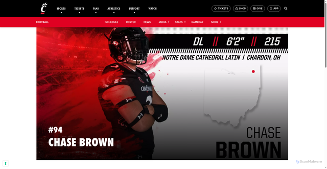 Security scan screenshot of https://gobearcats.com/sports/football/roster/player/chase-brown