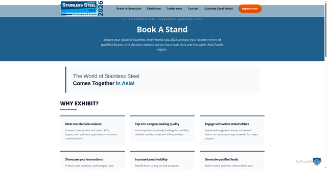 Security scan screenshot of https://stainless-steel-world-asia.com/exhibition/book-a-stand/