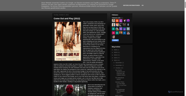Security scan screenshot of http://codysfilmandtvblog.blogspot.com/2022/10/come-out-and-play-2012.html