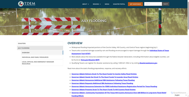 Security scan screenshot of https://tdem.texas.gov/disasters/july-flooding-25-0026