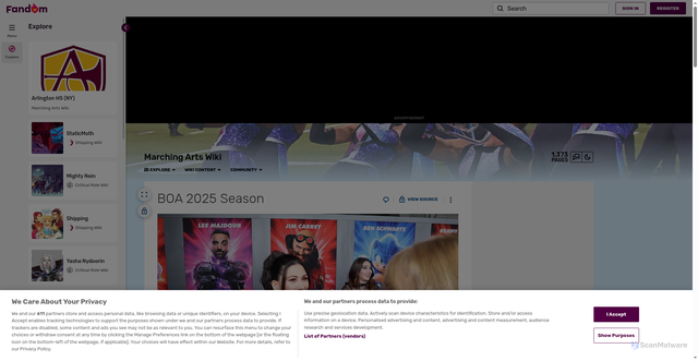 Security scan screenshot of https://marching-arts.fandom.com/wiki/BOA_2025_Season