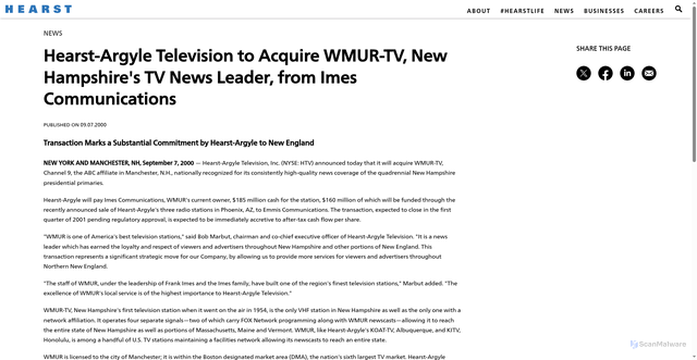 Security scan screenshot of https://www.hearst.com/-/hearst-argyle-television-to-acquire-wmur-tv-new-hampshire-s-tv-news-leader-from-imes-communications