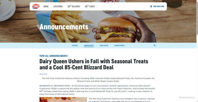 Security scan screenshot of https://news.dairyqueen.com/announcements/details/2025/Dairy-Queen-Ushers-in-Fall-with-Seasonal-Treats-and-a-Cool-85-Cent-Blizzard-Deal/default.aspx